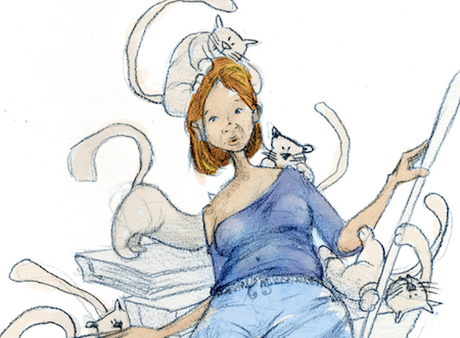 A drawing of a single woman with cats