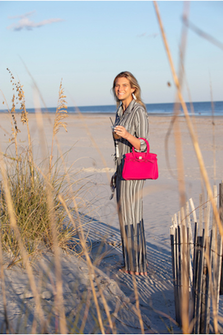 Ashley Kemeny in a look from The Pink Pineapple on the beach in Sea Pines 